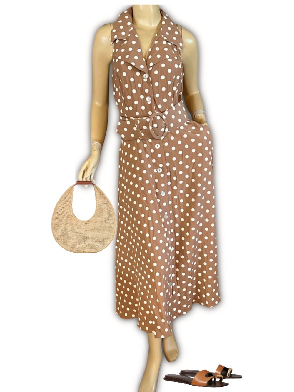 VINTAGE 1990'S ALL THAT JAZZ BROWN & WHITE POLKA DOT PRINT DRESS W/BELT (8)